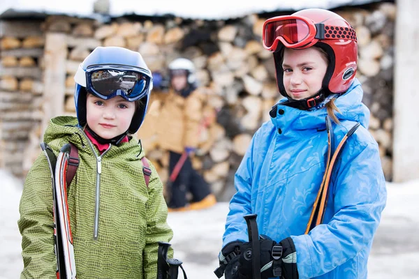ログ山でスキーの子どもたち — ストック写真