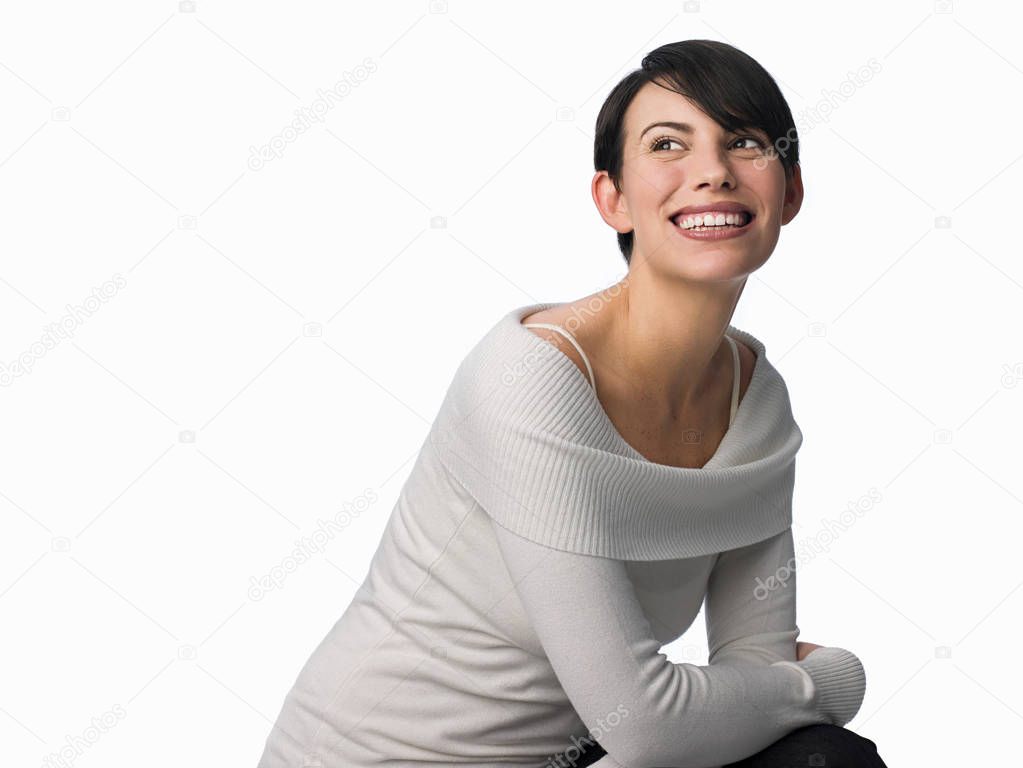 smiling woman looking away 