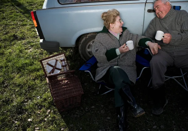 Seniorenpaar beim Picknick mit dem Auto — Stockfoto
