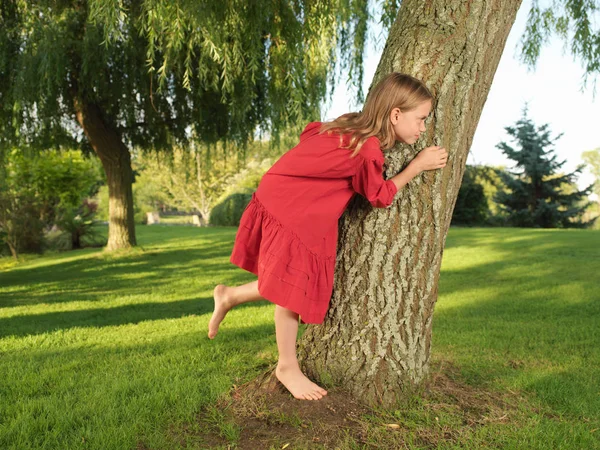 Fille se cachant derrière l'arbre — Photo