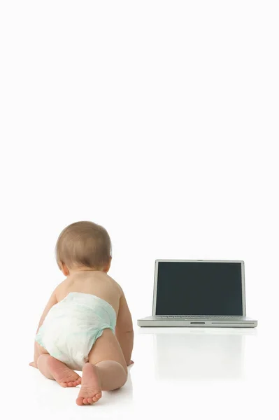 Bebé arrastrándose hacia el ordenador portátil — Foto de Stock