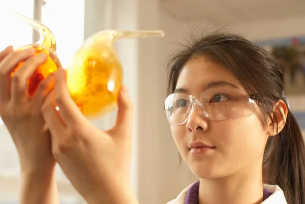 Scientist Examining Liquid Beakers — Stock Photo, Image