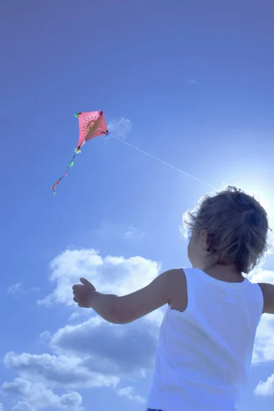 Garçon avec cerf-volant regardant le ciel — Photo