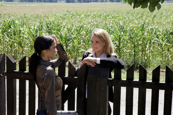 Duas mulheres a falar por cima da cerca — Fotografia de Stock