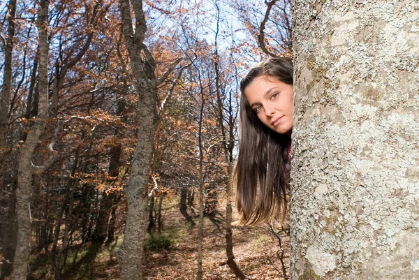 Jeune Femme Cachée Derrière Arbre — Photo