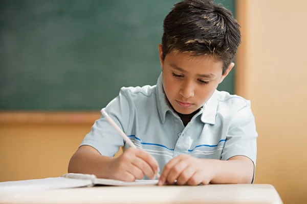Schoolboy writing in notebook — Stock Photo, Image