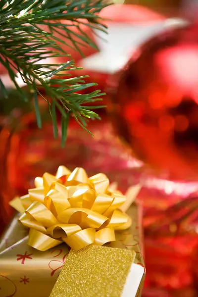 Christmas Presents Evergreen Tree Blurred Background Stock Image