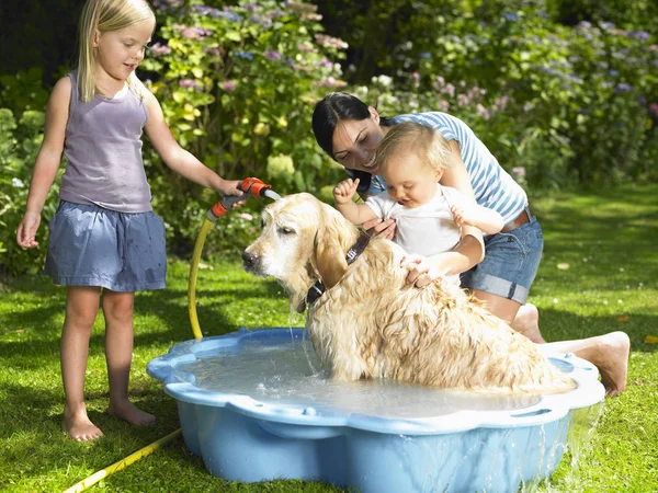 Mor Dotter Och Son Tvätta Hunden — Stockfoto