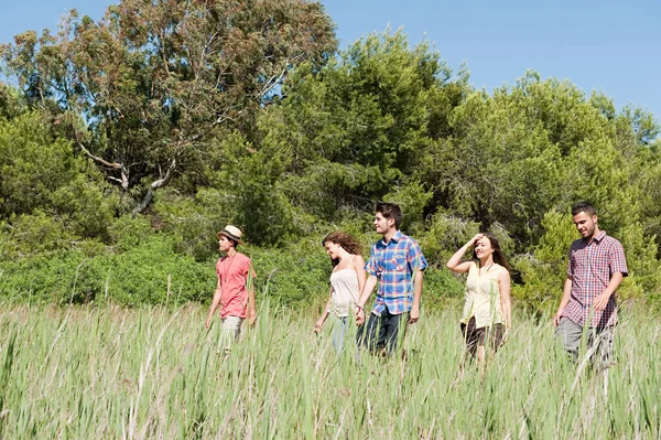 Jóvenes Amigos Caminando Por Campo — Foto de Stock