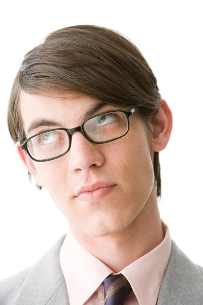 Ung Man Som Bär Glasögon Isolerade Vit Bakgrund — Stockfoto