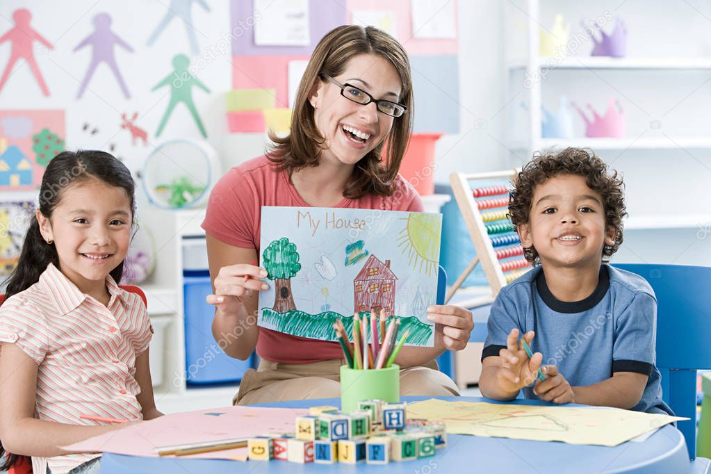 A portrait of a teacher and children