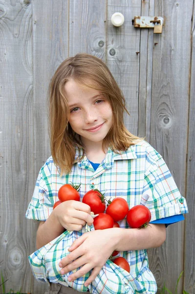穿衬衫拿西红柿的孩子 — 图库照片