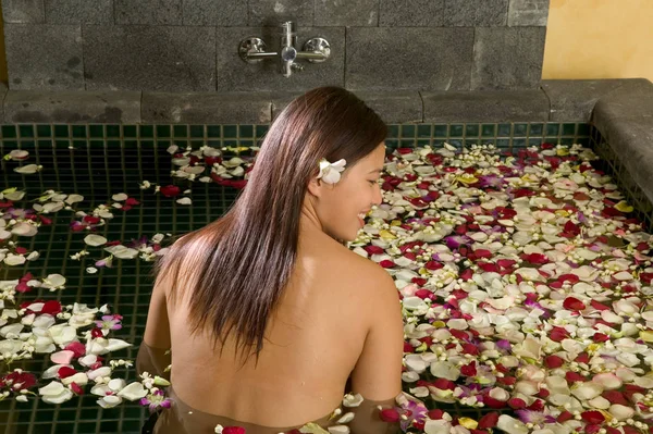 Rear View Smiling Asian Woman Bath Petals — Stock Photo, Image