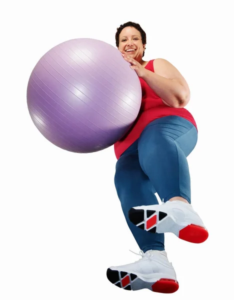 Large Woman Holding Exercise Ball — Stock Photo, Image