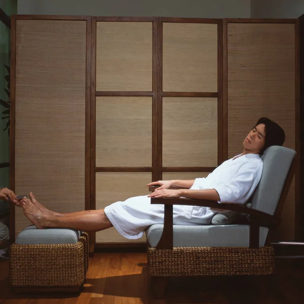 Asian Man Having Pedicure Spa Laying Armchair — Stock Photo, Image