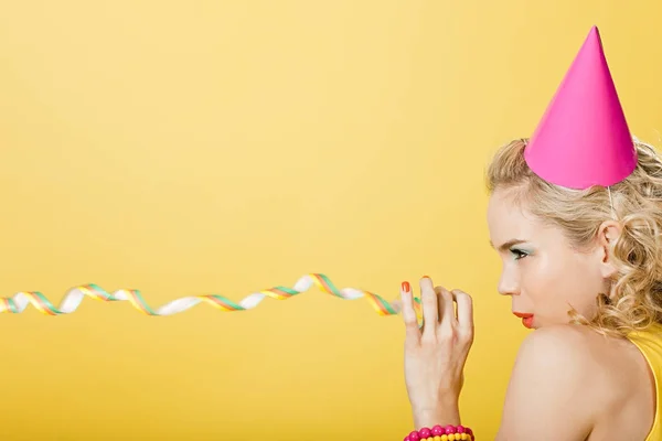 Young Woman Wearing Party Hat Party Streamer — 스톡 사진