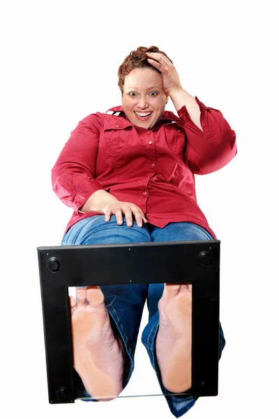 Smiling Large Woman Standing Scales — Stock Photo, Image