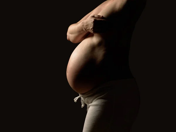 Side View Pregnant Woman Covering Breast Hand Black Background — Stock Photo, Image