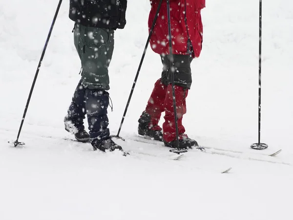 Imagen Recortada Dos Esquiadores Durante Las Nevadas — Foto de Stock