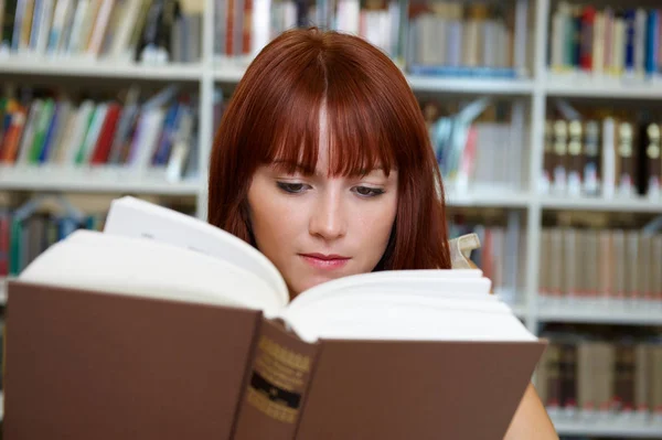 Молодая Женщина Читает Библиотеке — стоковое фото