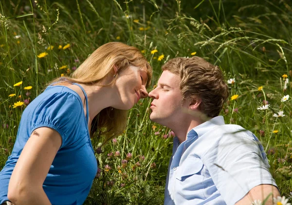 Casal Feliz Beijando Grama Com Flores — Fotografia de Stock