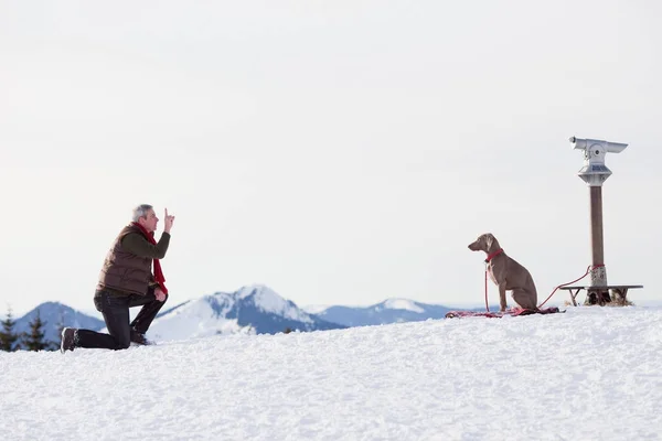 Ο άνθρωπος σκύλο διδασκαλία στο χιόνι — Φωτογραφία Αρχείου