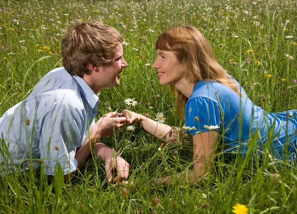 Attractive Couple Lying Grass Flowers — Stock Photo, Image