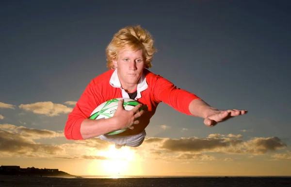 Rugby Player Diving Sunset — Stock Photo, Image