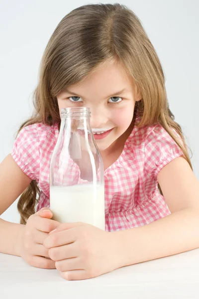 Girl Milk Isolated White Background — Stock Photo, Image