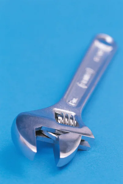 Close View Silver Spanner Blue Background — Stock Photo, Image