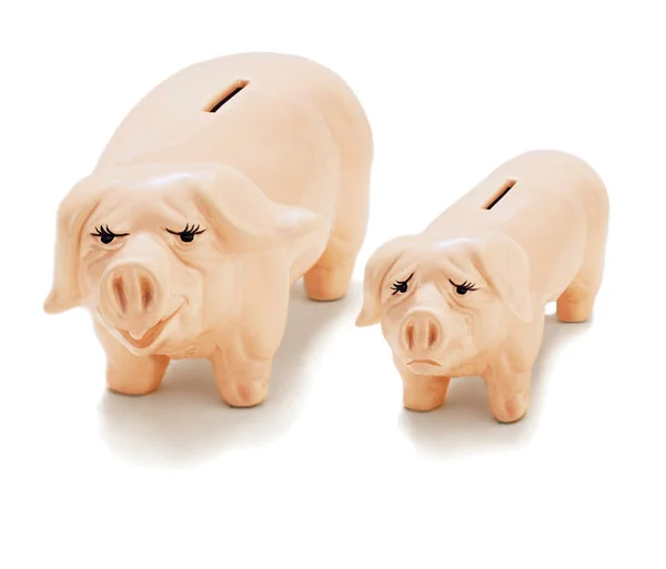 Close Shot Van Twee Verschillende Piggy Banks Geïsoleerd Witte Achtergrond — Stockfoto