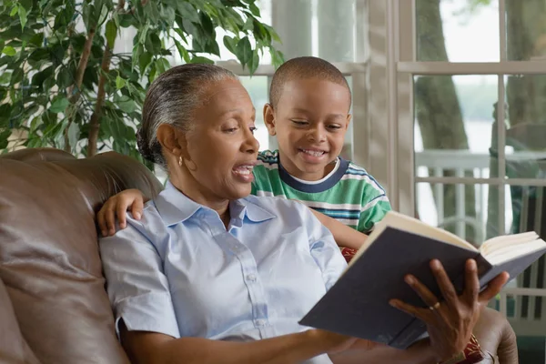 一位祖母和孙子在看书 — 图库照片