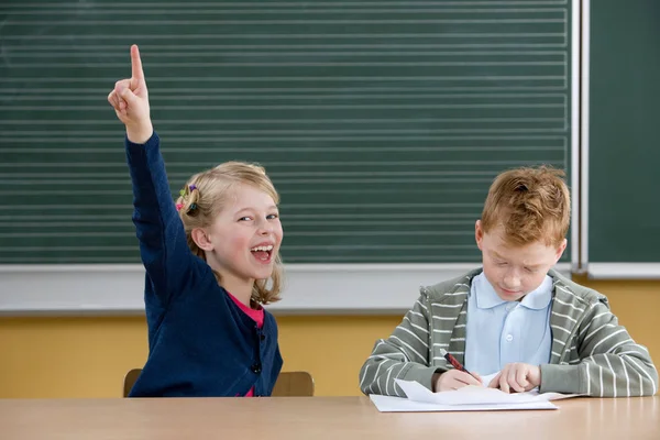 Children Class Writing Workbook Raising Hand — Stock Photo, Image