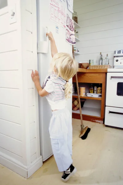 Girl Opening Refrigerator Kitchen — Stock Photo, Image