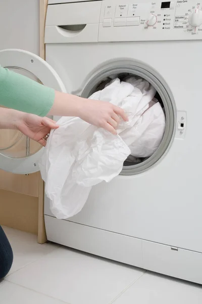 Cropped Shot Woman Taking Sheet Washing Machine — Stock Photo, Image
