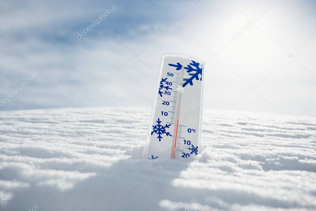 Close up of Thermometer in the snow against sky