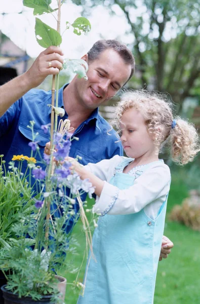 Père Fille Dans Jardin Regardant Les Plantes — Photo