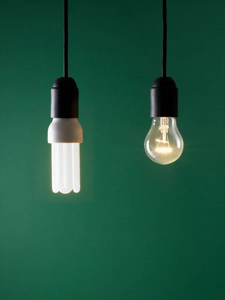 Two Light Bulbs Green Background — Stock Photo, Image