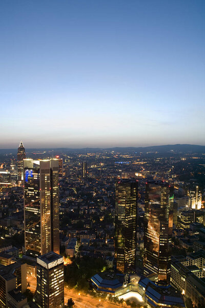 High angle view of Frankfurt cityscape during dusk time