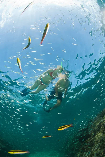 Όμορφο Ρομαντικό Ζευγάρι Snorkelling Στη Θάλασσα — Φωτογραφία Αρχείου