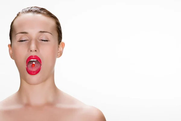 Young Woman Pill Her Tongue — Stock Photo, Image