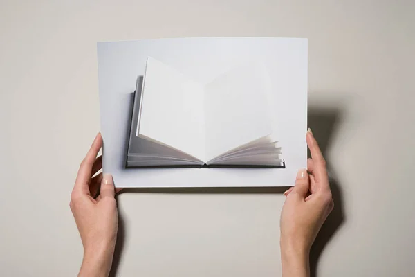Cropped Image Female Hands Holding Photograph Empty Book — Stock Photo, Image