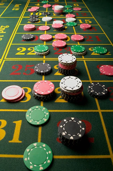 Elevated View Pile Gambling Chips Roulette Table — Stock Photo, Image
