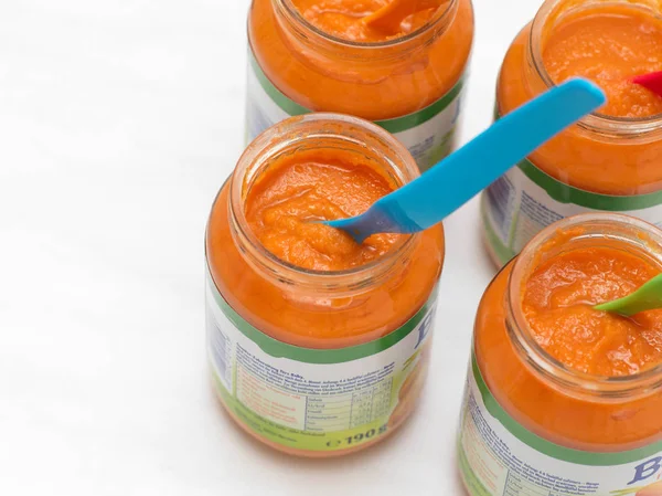 Jars Baby Food White Table — Stock Photo, Image