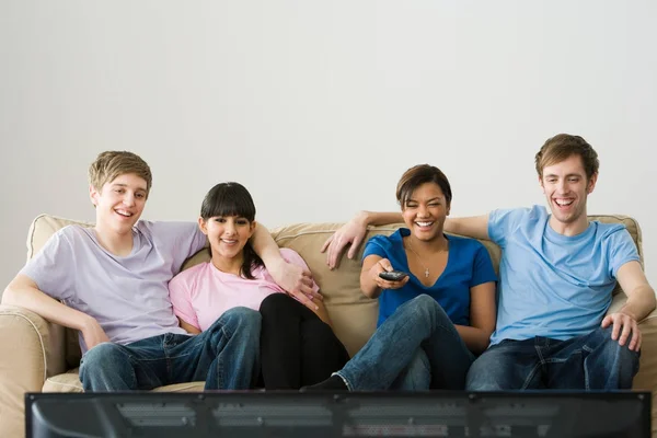Group Portrait Happy Friends Watching — Stock Photo, Image