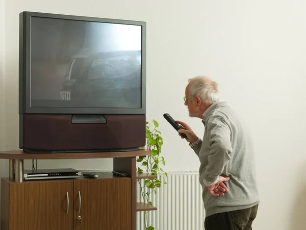 Senior Man Confused Large Television — Stock Photo, Image