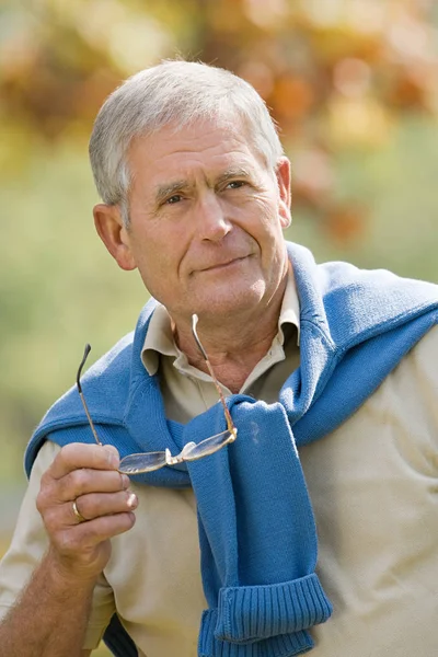 Portret Starszego Człowieka Okularów Ręce — Zdjęcie stockowe