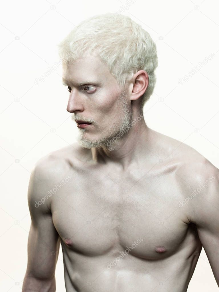 Albino man isolated on white background 