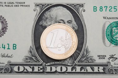 Bir dolarlık banknot üzerinde euro madalyonun Üstten Görünüm