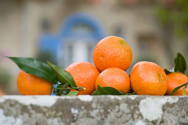 Varias Mandarinas Con Hojas Verdes Pared Piedra — Foto de Stock